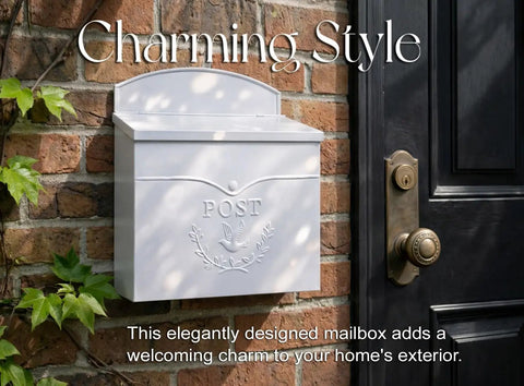 Outdoor Wall Mount Mailbox 11.5 x 5 x 13 Inches White Waterproof Heavy Duty Metal Mailbox against brick wall next to door