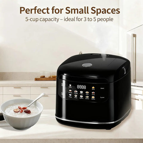 Compact 2.1 Quart Smart Rice Cooker With Steamer Basket in kitchen setting, 5-cup capacity displayed on digital panel