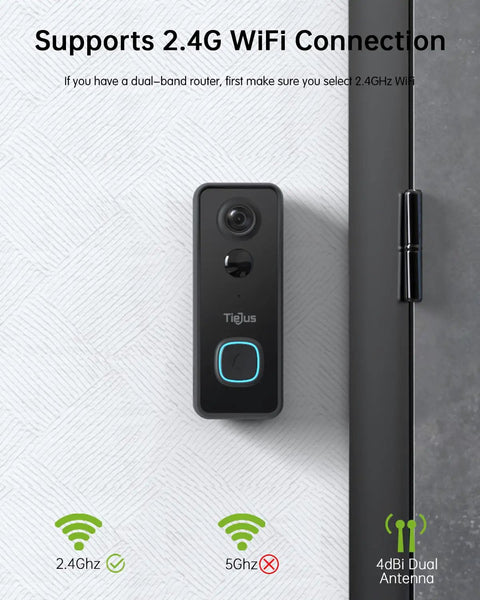 Wireless Video Doorbell With Chime and 2 Way Audio, Night Vision, AI Motion Detection, mounted on white wall with 2.4GHz WiFi icon