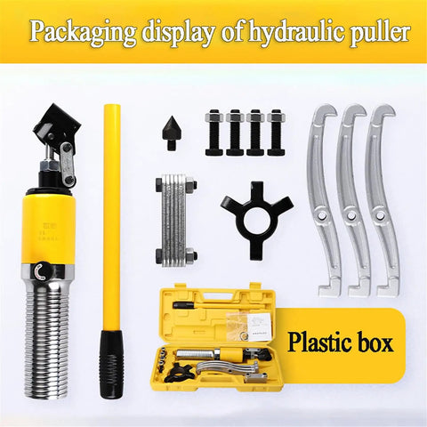 Heavy Duty Shop Beast 20 Ton Hydraulic Gear Puller Kit with tools in plastic box, featuring quick change jaws and accessories.