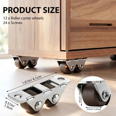 Heavy Duty Low Profile Caster Wheels 12 Piece Kit With Screws Rock Solid Double Roller Bearings under furniture with detailed size.