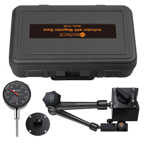 Pro Grade 0-1 Inch And 0.001 Inch Dial Indicator Kit With Magnetic Base And Case, Precision Gauge, shown with black case