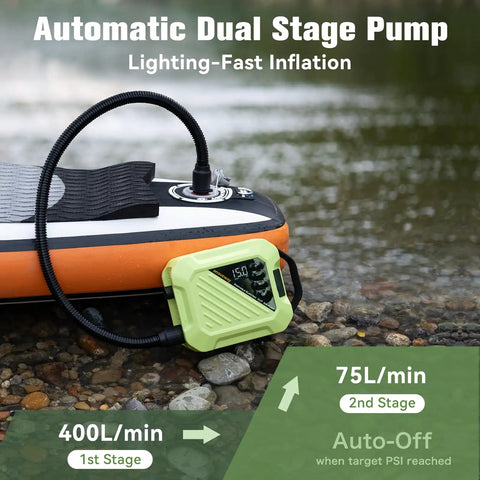 Electric Paddle Board Pump 20 PSI high-pressure SUP air pump inflating paddle board with dual-stage auto off feature