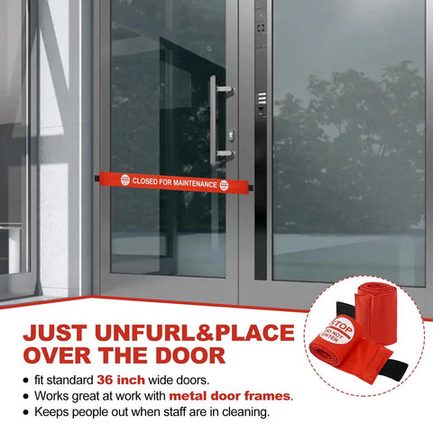 Hecka Visible 4 Pack Closed For Maintenance Magnetic Door Signs For Metal Frames With Bold Red Text And Secure Clips For Retail Shops Or Local Businesses on a 36-inch door.