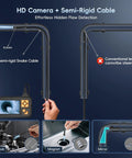 Hardcore 50Ft Endoscope Camera With Light showing semi-rigid snake cable and 4.3 inch IPS screen with borescope in use.