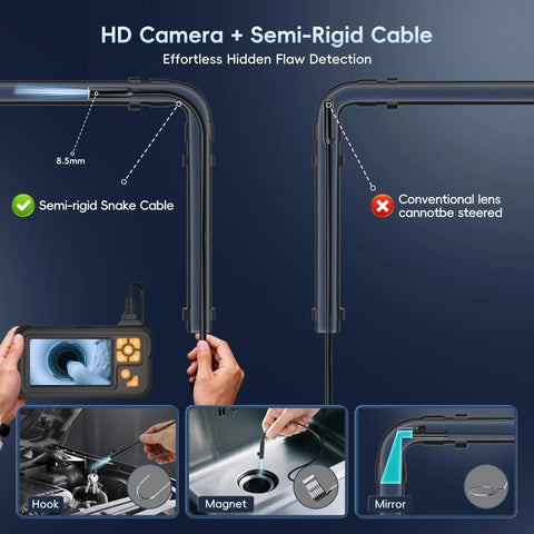 Hardcore 50Ft Endoscope Camera With Light showing semi-rigid snake cable and 4.3 inch IPS screen with borescope in use.