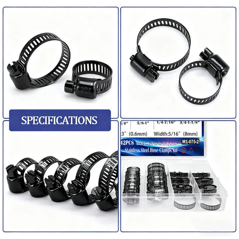 42 Piece Black Stainless Steel Hose Clamps Kit For DIY Auto Repairs With Metal Adjustable Worm Gear Clamps 6 To 29 Mm specifications view