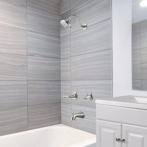 Oakmont Bath And Shower Trim Kit With Valve And Dual Handle High Pressure Shower Head Water Saving Satin Nickel Finish in bathroom.