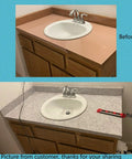 Before and after of bathroom vanity using Granite Countertop Contact Paper Waterproof Peel And Stick Marble Wallpaper Self Adhesive.