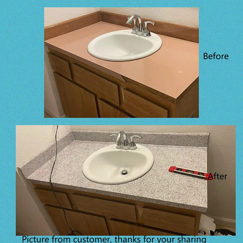 Before and after of bathroom vanity using Granite Countertop Contact Paper Waterproof Peel And Stick Marble Wallpaper Self Adhesive.