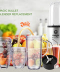 4 Piece Blender Replacement Set For 250W Blenders Including 22oz Tall Mug, 16oz Cup, 12oz Short Cup And Cross Blade Compatible With MB1001 Series BPA Free Plastic And Stainless Steel Parts Dishwasher Safe Easy Install No Fuss shown with fruit
