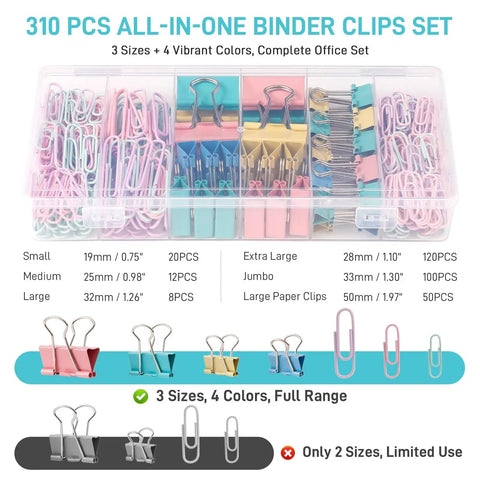 Colorful Binder Clips And Paper Clips Set With Assorted Sizes For Home Office And School Classrooms 310 Piece Kit in case