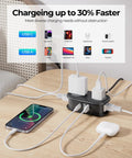Compact Travel Power Strip With Four AC Outlets And A Four Foot Wrap Around Cord on a table charging devices.