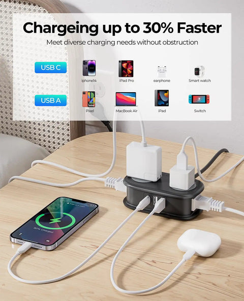 Compact Travel Power Strip With Four AC Outlets And A Four Foot Wrap Around Cord on a table charging devices.