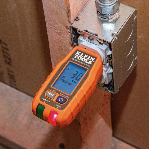 RT250 GFCI Outlet Tester With LCD Display For 120V Receptacles Voltage Tester in use on electrical outlet, showing 120V reading