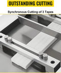 Essential Auto Electric PVC Heat Shrink Tube Cutter showing synchronous cutting of three rubber tapes with stainless steel blades.