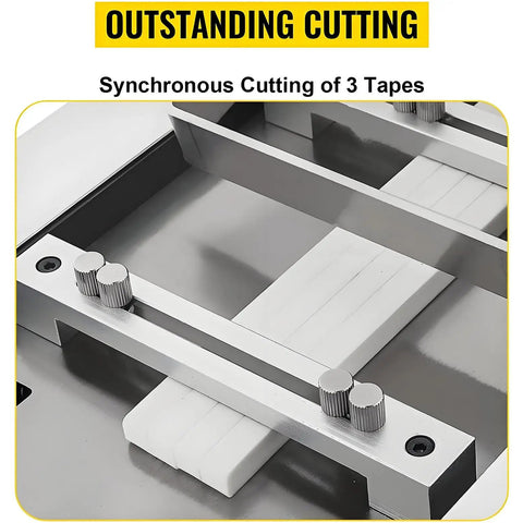 Essential Auto Electric PVC Heat Shrink Tube Cutter showing synchronous cutting of three rubber tapes with stainless steel blades.