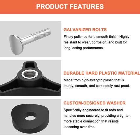 Four Pack Lawn Mower Handle Knobs And Bolts Kit features include galvanized bolt, durable plastic knob, and custom washer.
