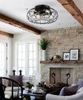 15.7" Flush Mount Caged Ceiling Fan with Light, Industrial Reversible 6-Speed DC Fan with Remote, Black Wire Cage Ceiling Fan in living room.