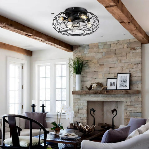 15.7" Flush Mount Caged Ceiling Fan with Light, Industrial Reversible 6-Speed DC Fan with Remote, Black Wire Cage Ceiling Fan in living room.