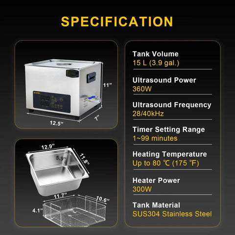 15L Ultrasonic Cleaner With Heating And Dual Frequency Sweep For Jewelry Teeth Carburetors Labs And Auto Parts One Touch Easy Use with specifications