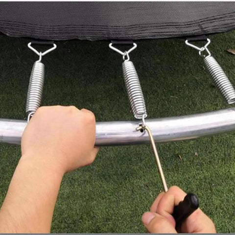 Using 4 Pack Trampoline Spring Puller Tool With T Hook Extension And Ergonomic Handle Grip for mini trampoline setup