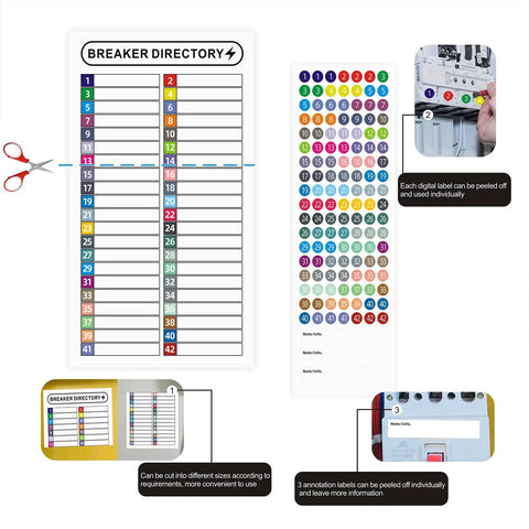 16 Sheets Breaker Panel Labels Set For Electrical Box And Load Center, Number Stickers For Circuit Breaker Catalog visible with scissors