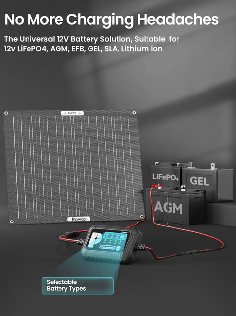 50W Solar Battery Charger with MPPT Controller for RVs, Boats, Marine, Motorcycle, Trailer, Truck and Tractor Trickle Maintainer with Adjustable Parameters IP67 Waterproof ETFE Panel Kit for Outdoor Adventures charging batteries