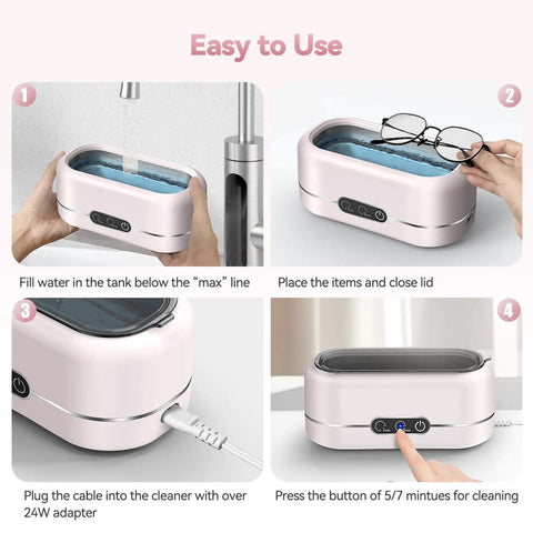 Step-by-step use of Upgraded 48KHz Ultrasonic Jewelry Cleaner Machine With 304 Stainless Steel Tank in pink finish
