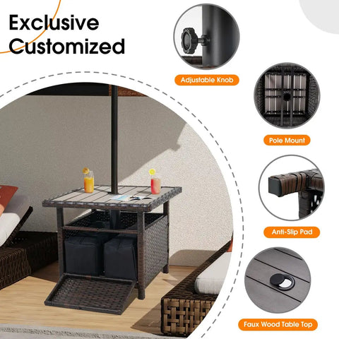 All Weather Outdoor Umbrella Stand Table With Two Weight Bags 22 Inch Wicker Side Table With Umbrella Hole Sturdy Rattan Base