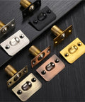 Image of 4 pack adjustable ball catch latch with screws for closet and cabinet doors, featuring various finishes and hidden mount ball clasp.