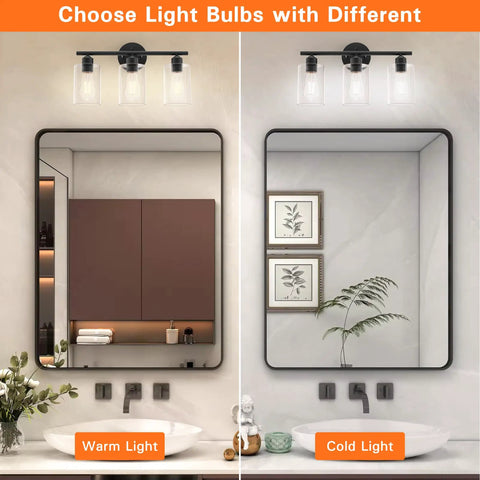 Dope Matte Black 3 Light Vanity Light Over Mirror With Glass Shades UL Certified Bathroom Wall Sconces in warm and cold light
