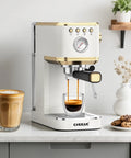 Slick Compact Espresso Maker With Crackin Hot 30 Second Heat Up And 20 Bar Italian Pump For Rich Crema Lattes Featuring Pro Milk Frothing Wand In Sleek White And Gold brewing espresso.