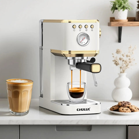 Slick Compact Espresso Maker With Crackin Hot 30 Second Heat Up And 20 Bar Italian Pump For Rich Crema Lattes Featuring Pro Milk Frothing Wand In Sleek White And Gold brewing espresso.