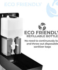 Solid Touchless Hand Sanitizer Dispenser On Heavy Duty Steel Floor Stand With Catch Tray And Refillable Bottle showing eco-friendly refillable bottle.