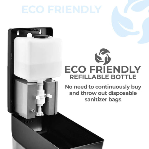 Solid Touchless Hand Sanitizer Dispenser On Heavy Duty Steel Floor Stand With Catch Tray And Refillable Bottle showing eco-friendly refillable bottle.