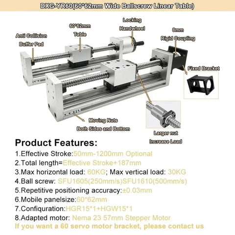 Big Shot Shaft Linear Actuator With Smooth Operator Glide Sixty Millimeter Wide Nema 23 Motor And SFU 1605 Ball Screw For CNC Stage Rig 1200 Mm Stroke Two Nm Kickass Torque, showcasing 60x62mm linear table components.