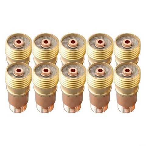 Ultimate 20 Piece Tig Welding Consumables Kit With 3/32 Nozzle And Stubby Gas Lens For Wp-17 18 26 Models showing 10 gold and copper gas lenses in a row.