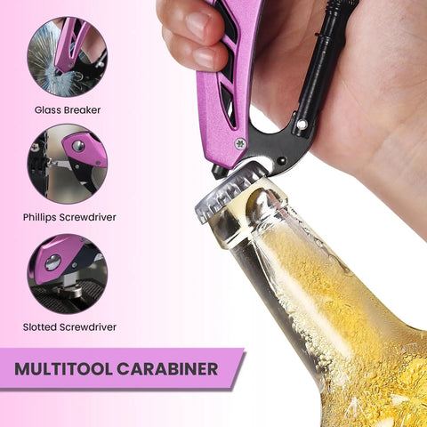 Pink 6-In-1 Multitool Carabiner with Knife, Bottle Opener, Glass Breaker, Phillips and Flathead Screwdrivers in use