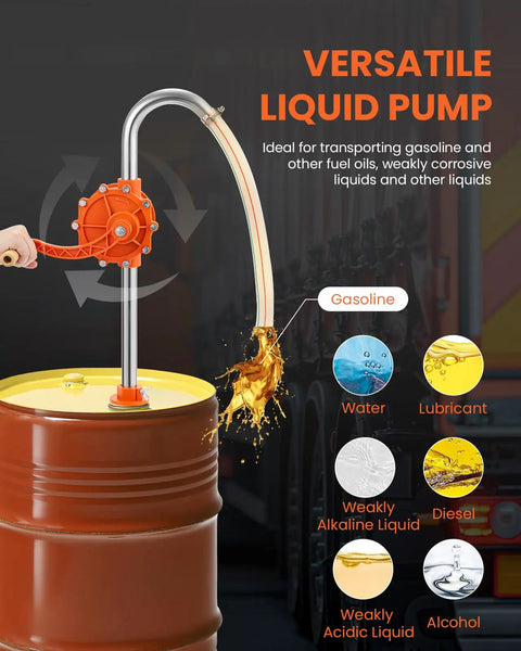 55 Gallon Drum Pump Manual Hand Pump With 304 Stainless Steel Tubing And High Wear Resin Core in use for gasoline transfer