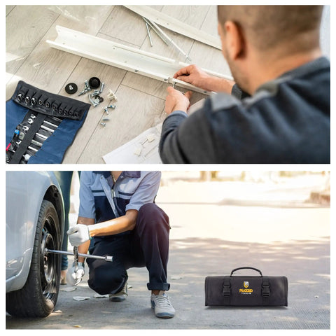 Mechanics using 32 Pocket Tool Roll Organizer With 22 Pockets And 10 Socket Holders Roll Up Tool Bag for repairs.