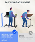 Illustration showing adjustable height C shaped end table with split tilting top and gas spring lift for sofa and bedside use.