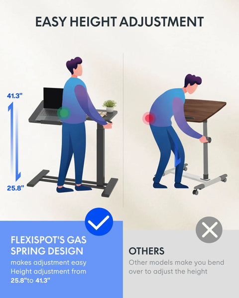 Illustration showing adjustable height C shaped end table with split tilting top and gas spring lift for sofa and bedside use.