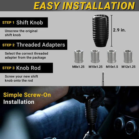 Real Carbon Fiber Shift Knob Upgrade with 4 Metal Adapters installation steps for manual and automatic transmissions.