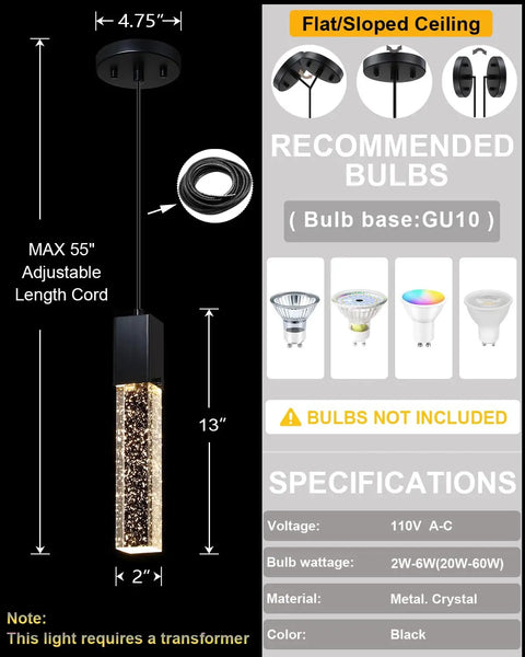 Mini Integrated Hanging Crystal Pendant Lights For Kitchen Island Black 3 Pack Modern Yet Simple Ceiling Light Fixture Dimmable With LED Bulbs Ideal For Kitchen Dining Room Bedroom Hallway UL Listed, showing one pendant with dimensions and specs.