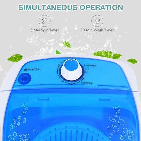 Compact Portable Washing Machine, 5 Point 5 Lb Mini Washer And Spinner Combo controls with spin and wash timers.