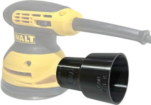 Vacuum Adapter For Sander Dust Collection, Shop Vac Hose Attachment Fits 2.5 Inch Hoses shown next to a sander