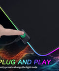 RGB Gaming Mouse Pad Oversized 31.5 By 11.8 Inches With 12 Light Modes, showing non-slip base and light mode button.