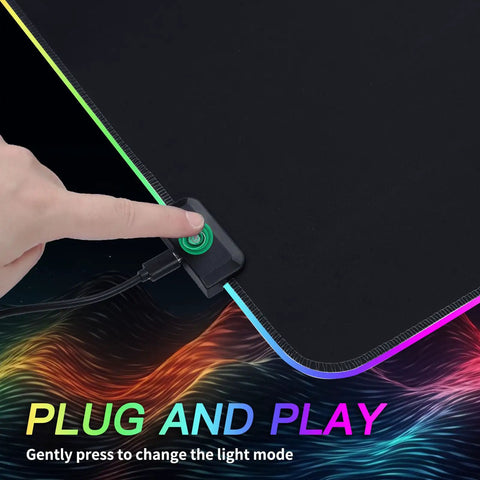 RGB Gaming Mouse Pad Oversized 31.5 By 11.8 Inches With 12 Light Modes, showing non-slip base and light mode button.
