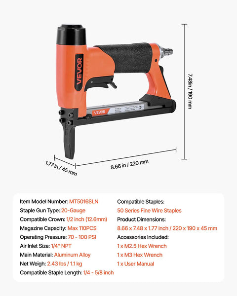 Pro Grade 20 Gauge Pneumatic Staple Gun Featuring A Slick Long Nose Built For 50 Series Fine Wire Staples, 1/2 Crown, and 1/4 to 5/8 Length